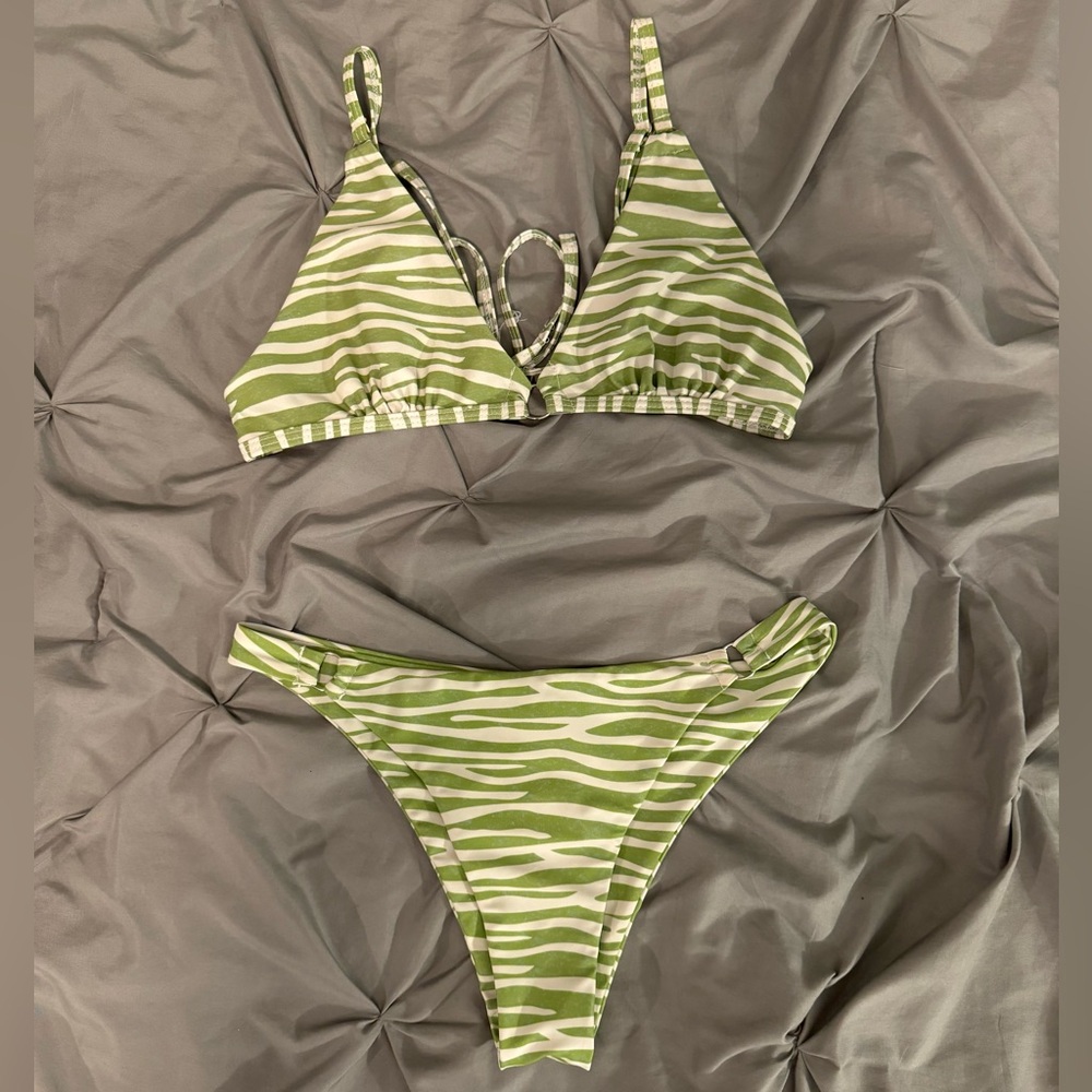 shein green and white zebra bikini set
